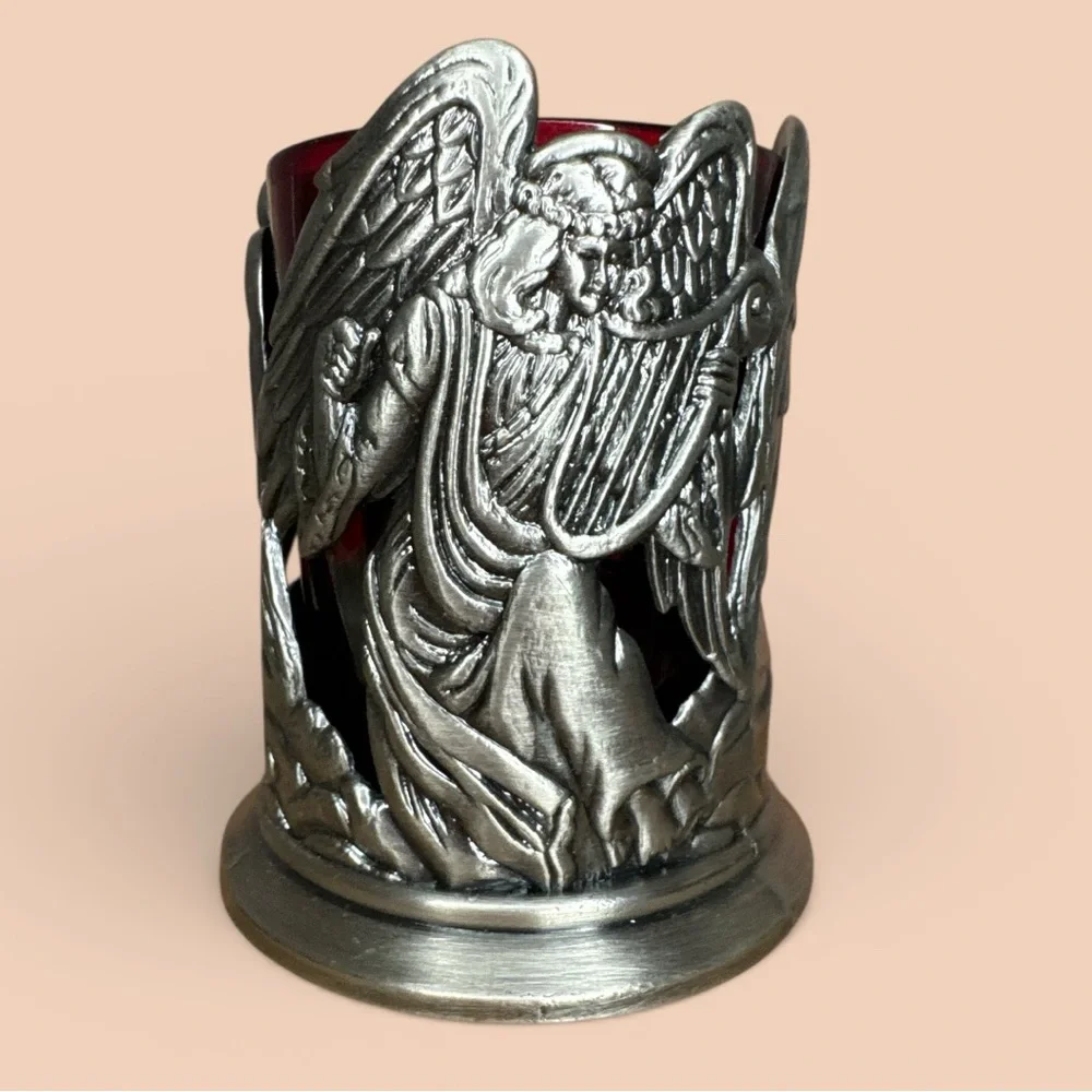 Vintage pewter candle or votive holder with angels